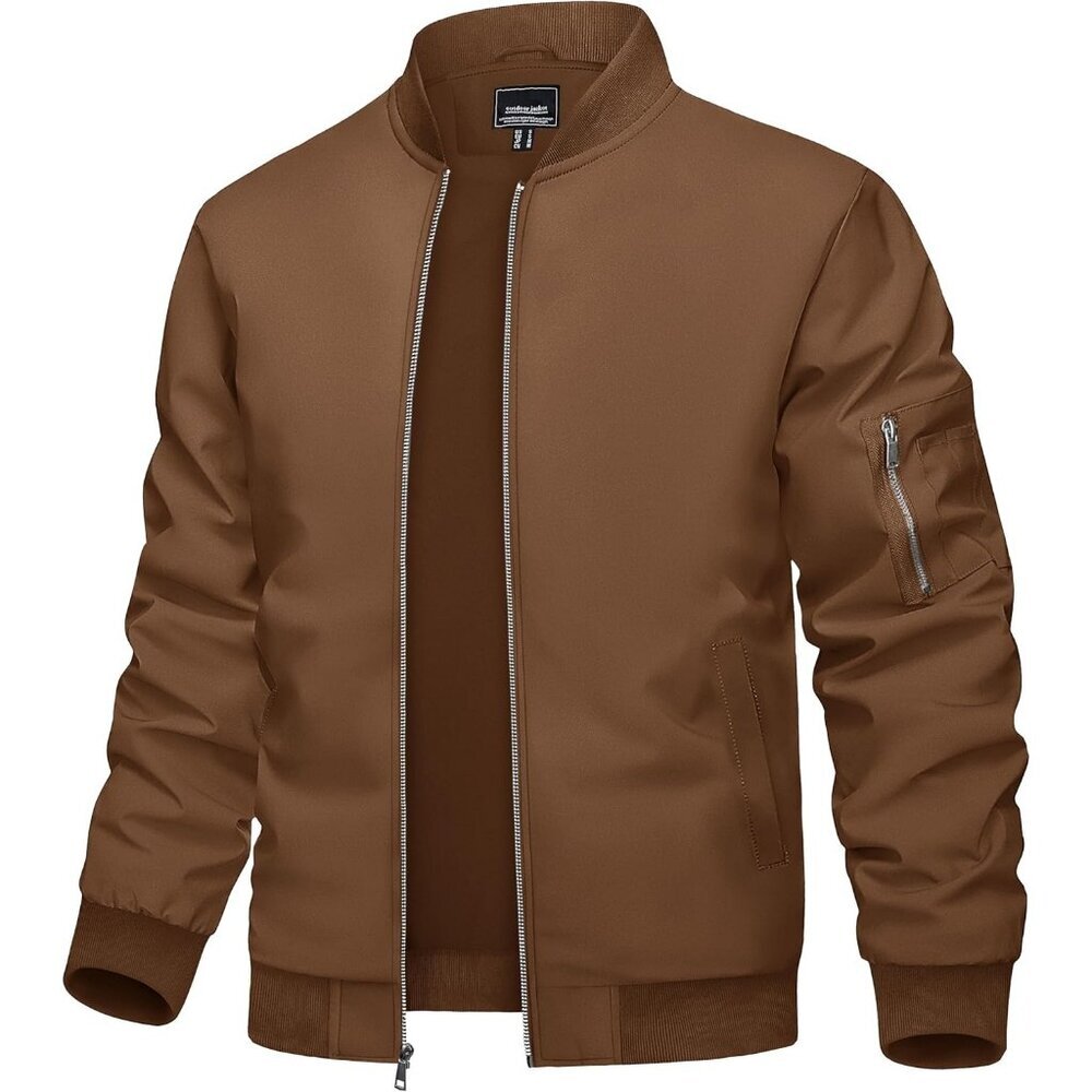 Men's 01 Brown Bomber Jacket Coat Lightweight Casual Windbreaker Zip Up Pocket